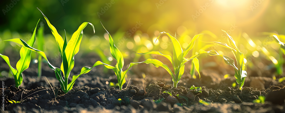 Naklejka premium Sprouts of young corn plants growing on the field fertile soil