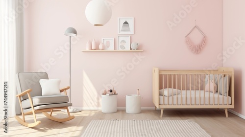 Scandinavian-inspired Nursery with Soft Pastel Pink Walls and Gender-neutral Decor Design a serene and stylish nursery with soft pastel pink walls inspired by Scandinavian design principles