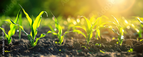 Sprouts of young corn plants growing on the field fertile soil photo