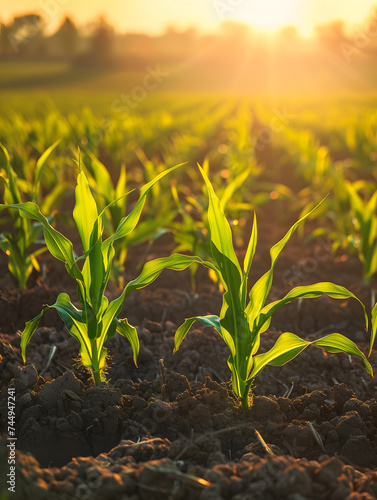 Spring brings fresh green sprouts of maize to the cultivated agricultural field, creating a soft, agricultural scene.