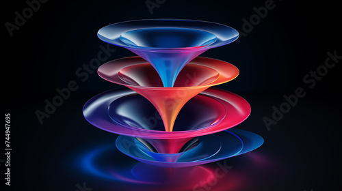 Colorful 3d model funnel flow, 5 layers, levitating, on dark blue background