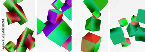 Flying 3d shapes, cubes and other geometric elements background design for wallpaper, business card, cover, poster, banner, brochure, header, website