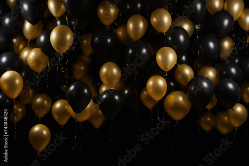 a large number of gold balloons on a black background. matte, shiny and transparent balloons