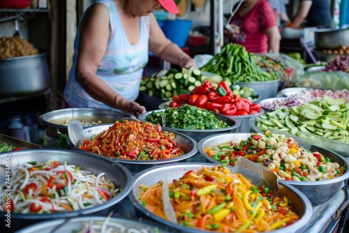 Thai street food market, in the style of colorful curves, low depth of field, traditional mexican style, process-oriented, orderly arrangements, green and gray, light red and blue