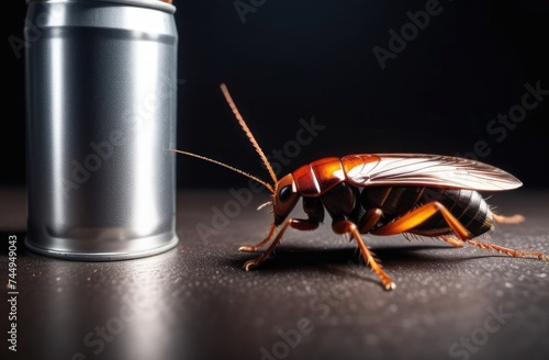 Cockroach close-up and repellent, insect exterminator with space for text, cockroach extermination indoors, aerosol can of poison © schukoba
