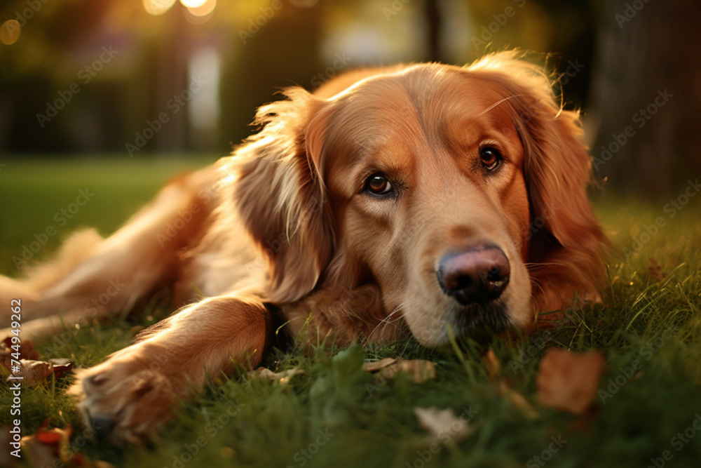 a long-haired golden retriever lies on his back on grass