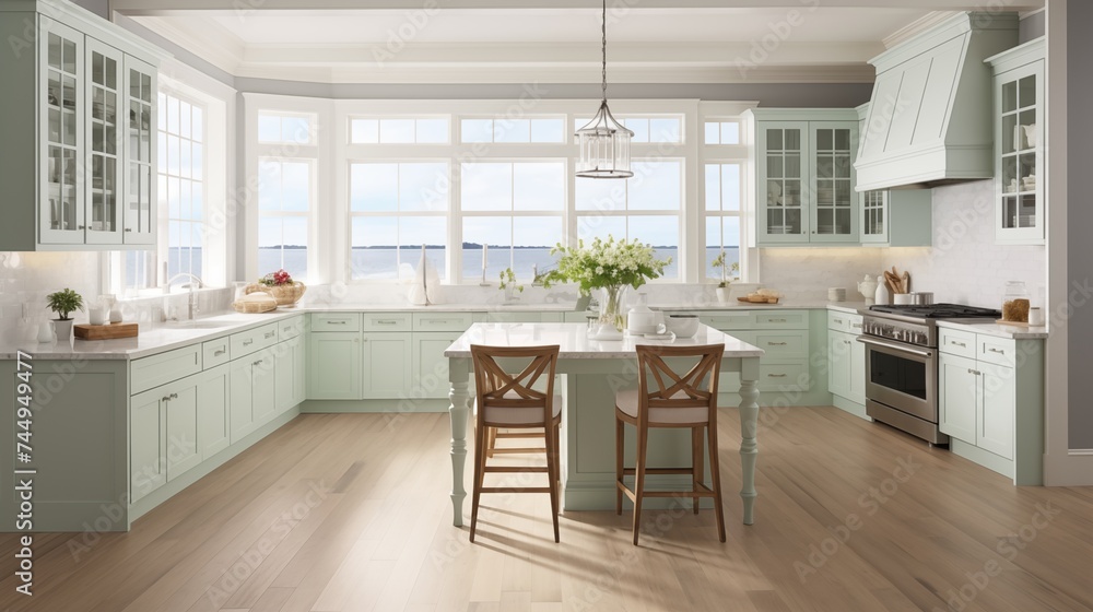 Transitional Coastal-inspired Kitchen with Soft Seafoam Green Walls and Coastal Elegance Create a transitional coastal-inspired kitchen with soft seafoam green walls