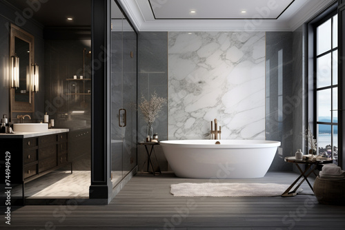 A luxury bathroom with a walk-in tiled shower and standalone tub