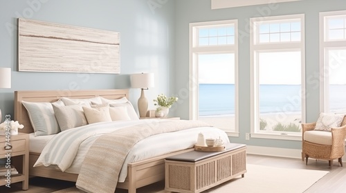 Tranquil Coastal-inspired Bedroom with Soft Blue Walls and Sandy Beige Accents Create a serene and calming bedroom retreat inspired by the colors of the coast