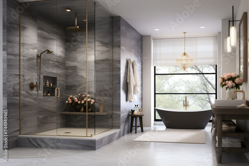A luxury bathroom with a walk-in tiled shower and standalone tub photo