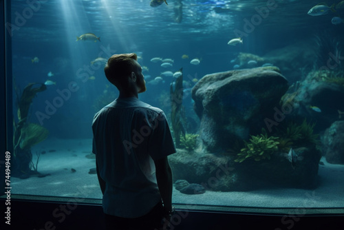 a male backpacker is watching marine life in the aquarium - weekend activities, travel life, people and creatures photo