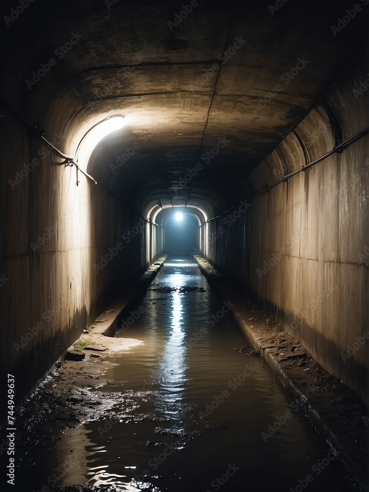 Underground sewer tunnel abandoned dark scary dirty passage from Generative AI
