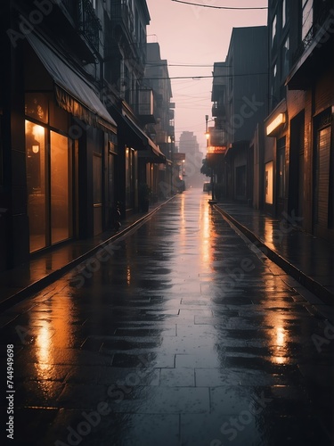 Walkway at a noir city street with rain at sunset from Generative AI