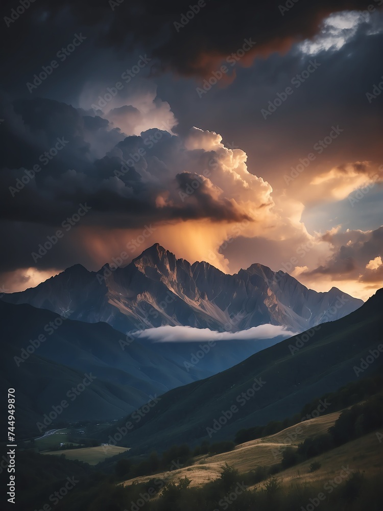 Dramatic storm clouds in mountain range at sunset from Generative AI