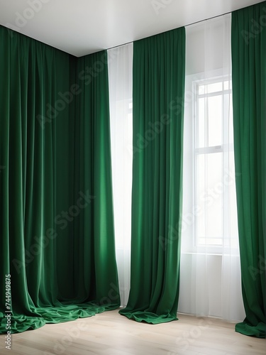 Green curtain on a white room from Generative AI