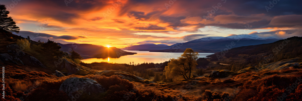 Breathtaking Highland Sunrise: A Symphony of Warm Hues and Silhouetted Terrains - obrazy, fototapety, plakaty 