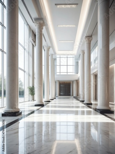 Luxury interior lobby of modern commercial building with clean shiny floor in hall and roman columns, white theme from Generative AI
