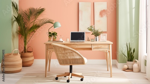 Tropical-inspired Home Office with Soft Coral Walls and Island Vibes Transform your home office into a tropical-inspired retreat with soft coral walls