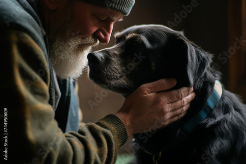 a man leans in towards an old black dog  gently supporting her chin on his hand and stroking her head