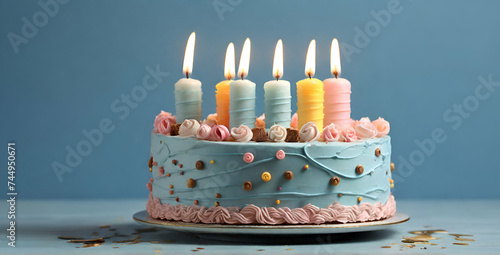 a cute birthday cake with colorful burnt candles ai generative