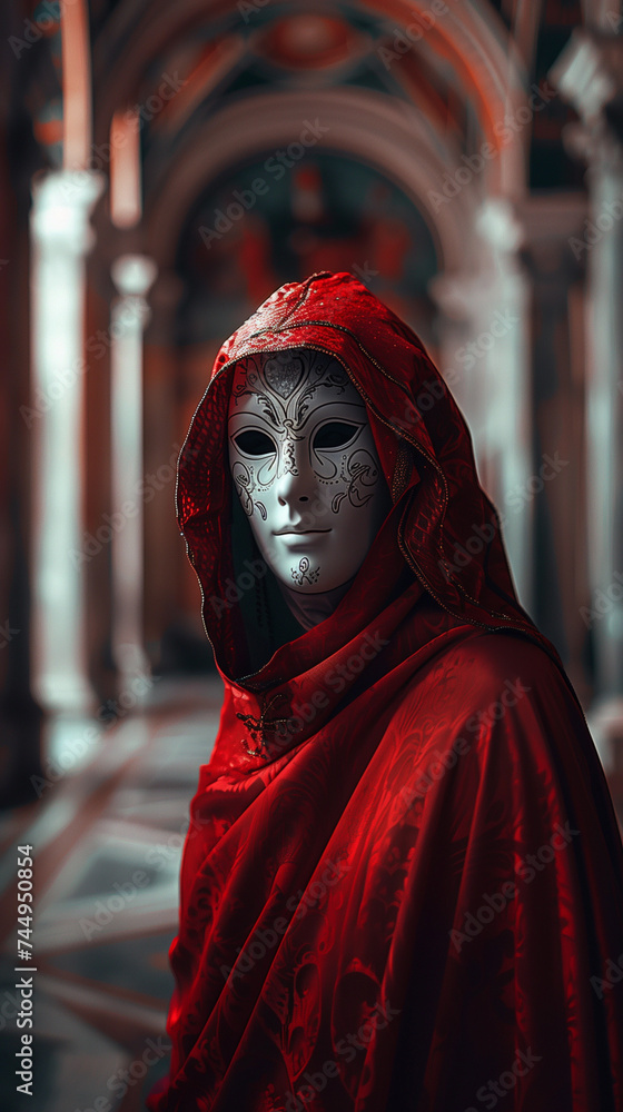 Person wearing white mask and red robe for ceremony or festival Person wearing white mask and red robe for ceremony or festival