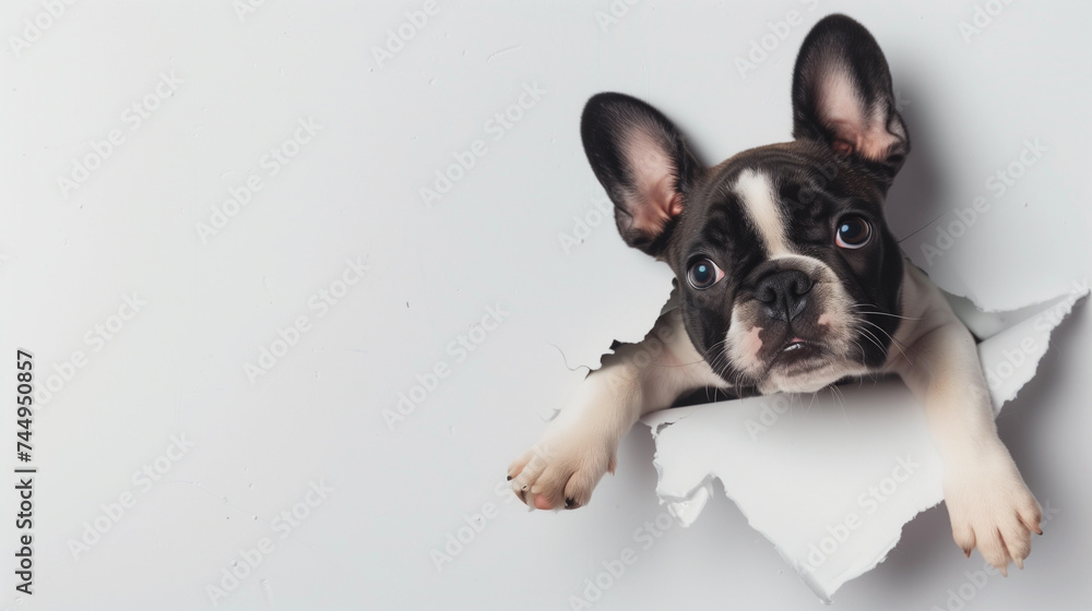 Cute French Bulldog puppy climbing through paper