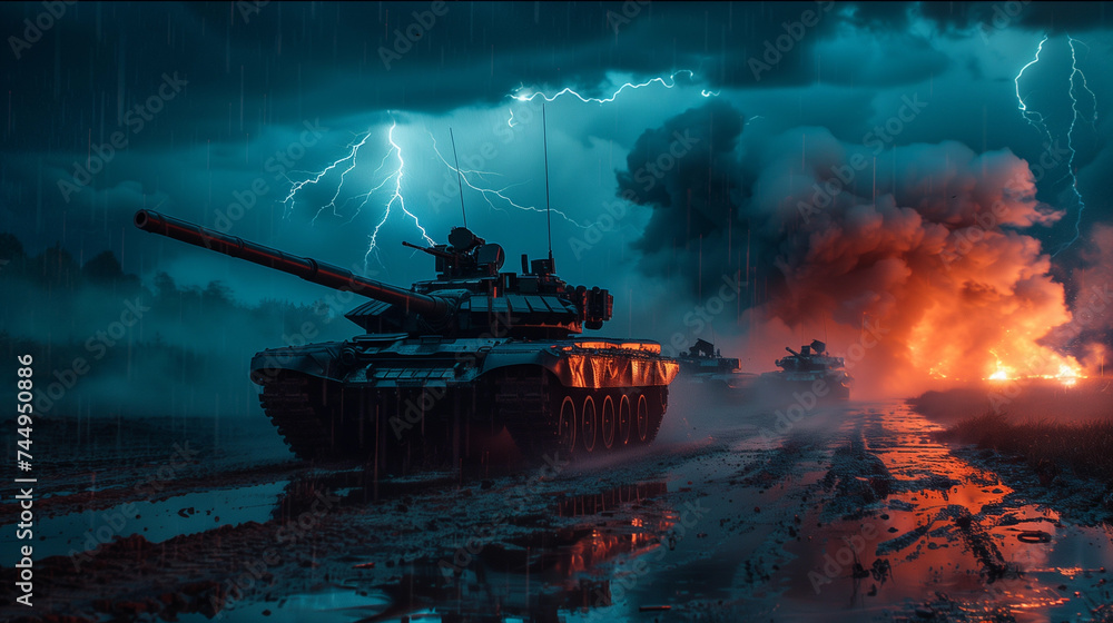 Fototapeta premium Modern tanks in a warzone at night, stormy weather