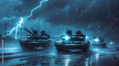 Modern tanks in a warzone at night, stormy weather