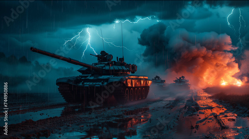 Modern tanks in a warzone at night, stormy weather