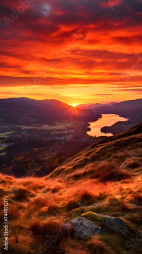 Breathtaking Highland Sunrise: A Symphony of Warm Hues and Silhouetted Terrains