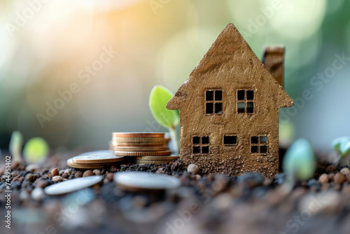 House, coin stacks, calculator, and refinance form with curved arrow around, mortgage refinance
