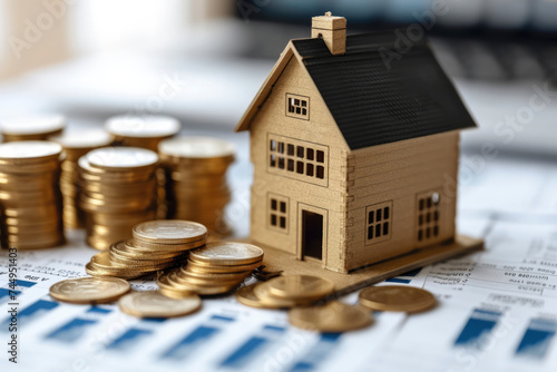 House, coin stacks, calculator, and refinance form with curved arrow around, mortgage refinance