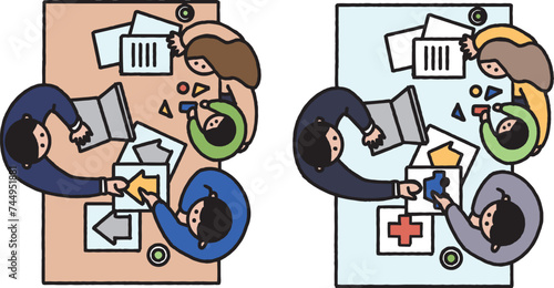 不動産や保険について相談する家族のイラスト