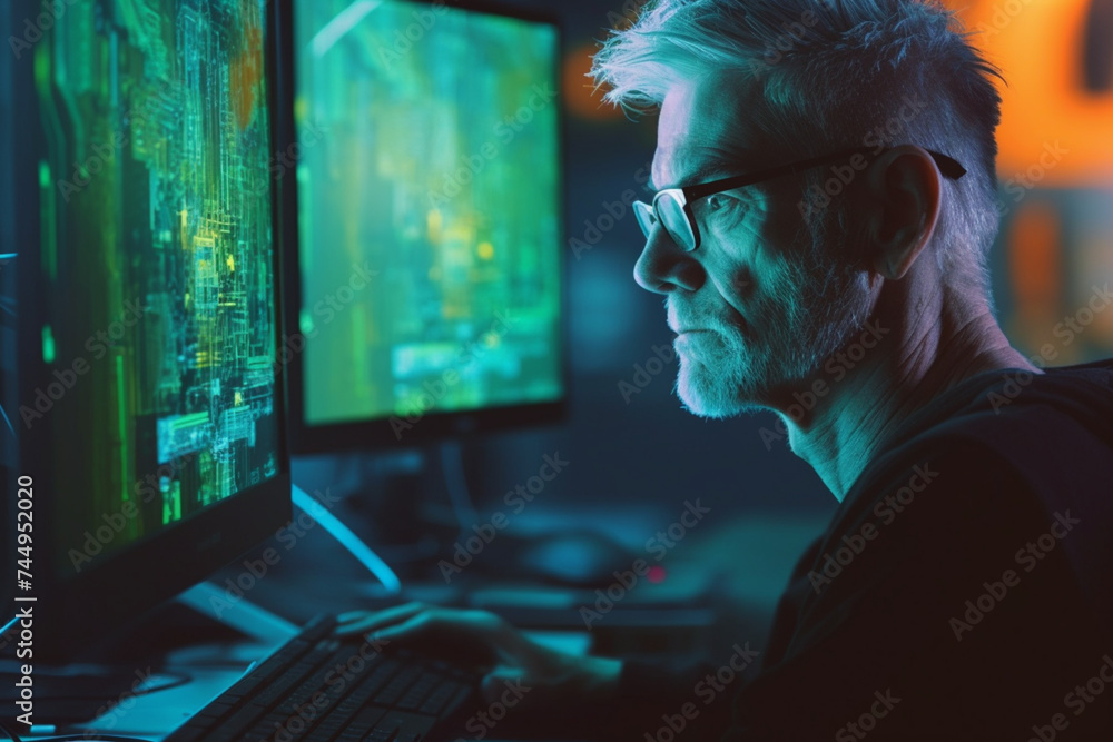a mature man concentrating on a computer screen - obrazy, fototapety, plakaty 
