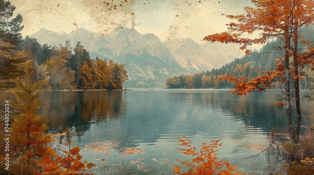 Landscape of lake mountains in autumn - vintage styles. Majestic view on turquoise water and sunny beams in the Plitvice Lakes National Park. - obrazy, fototapety, plakaty 