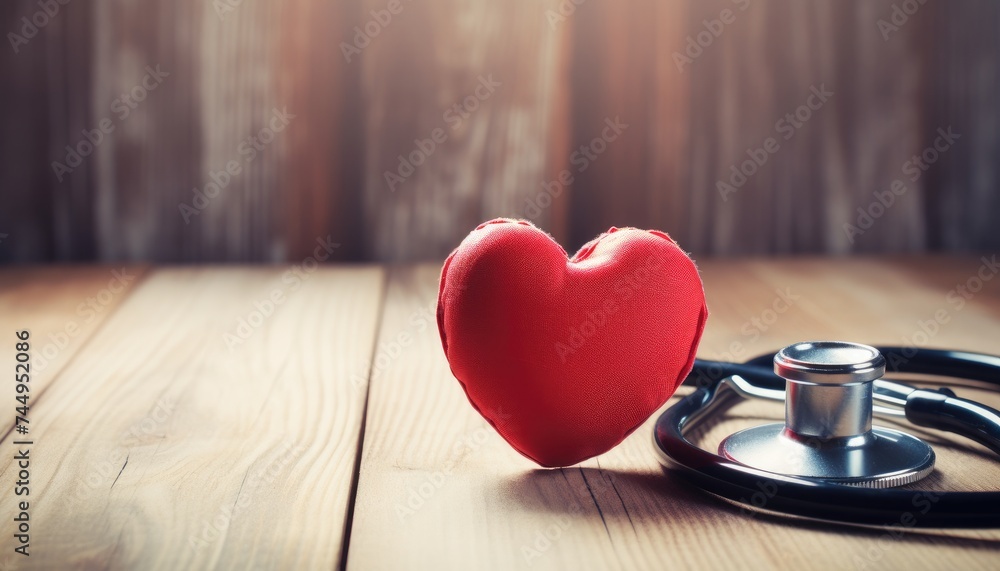 a red heart with a stethoscope on a wooden table a red heart with a stethoscope on a wooden table