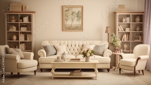 Vintage-inspired Living Room with Soft Cream Walls and Retro Charm Design a vintage-inspired living room with soft cream walls