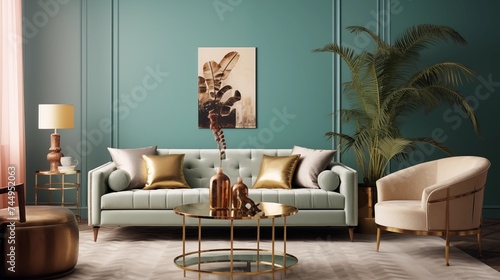 Vintage-inspired Lounge with Soft Teal Walls and Retro Glamour Design a vintage-inspired lounge with soft teal walls