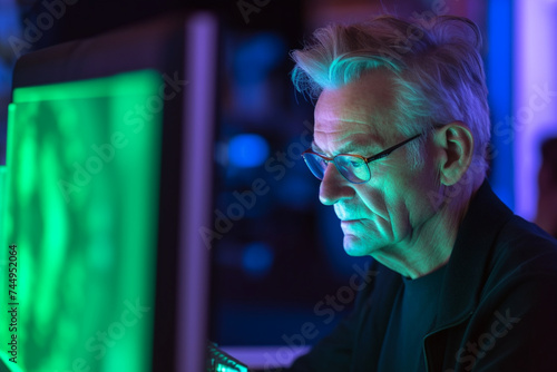 a mature man concentrating on a computer screen