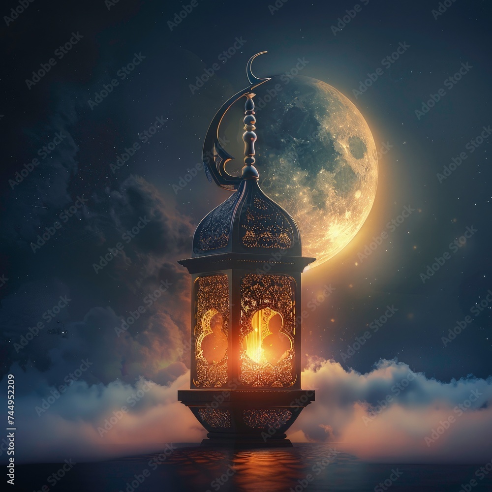 eid al fitr or ramadan background with islamic lantern and moon