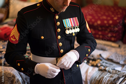 a military groom adjusts his uniform before his wedding in frederick, maryland photo