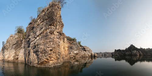  10 February 2024 Panoramic view of Big Marble Rock on the banks of Narmada River at Bhedaghat in Jabalpur Madhya Pradesh india