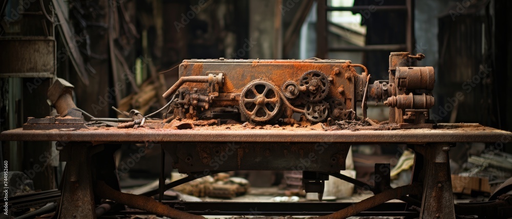 A rusty old machinery sitting on top of a table