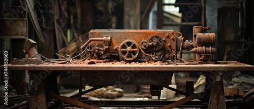 A rusty old machinery sitting on top of a table