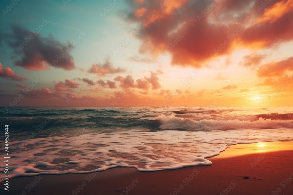 A serene beach sunset scene with text space over the horizon