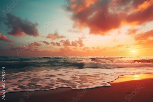 A serene beach sunset scene with text space over the horizon © png sublimation