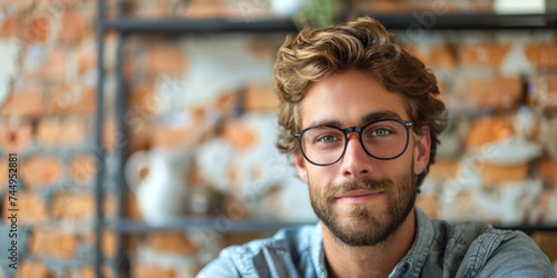 Casual Young Man with Glasses Portrait.
Relaxed young man smiling, urban backdrop. photo