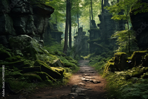 a path in the woods with rocks and trees on either side