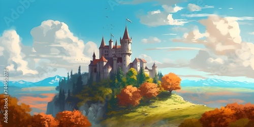 landscape of a medieval fantasy fortified castle and knights with colorful trees under a vast blue sky photo