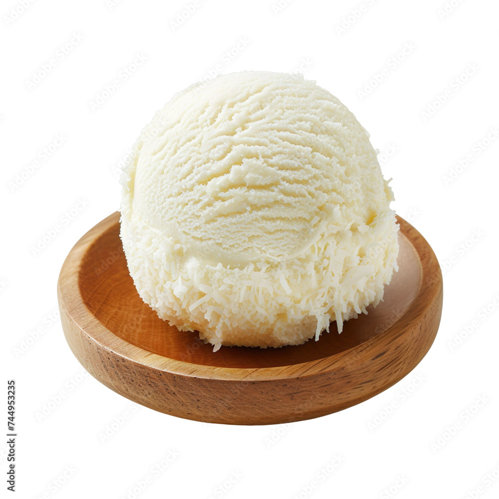Front view of a ball scoop of coconut ice cream on a wooden tray isolated on a white transparent background Front view of a ball scoop of coconut ice cream on a wooden tray isolated on a white transparent background